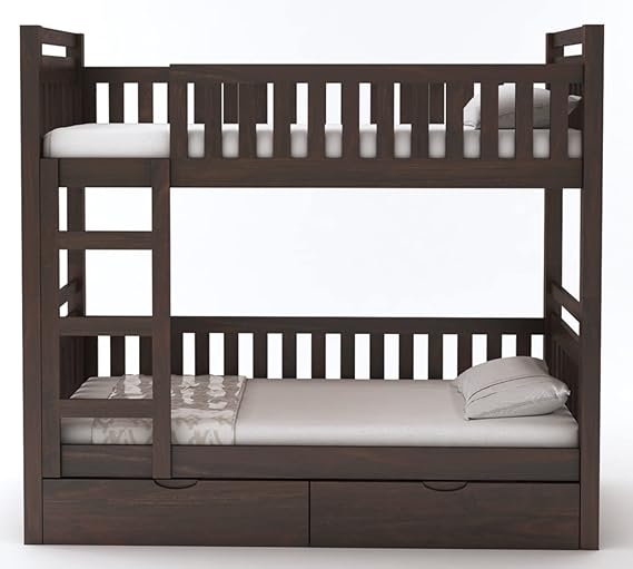 Curious Lifestyle Solid Sheesham Wood Bunk Bed With Trundle Wooden Bunk Bed With Ladder For Bedroom Living Room Home (Walnut Finish, 1.68 M, 2.08 M, 0.99 M)