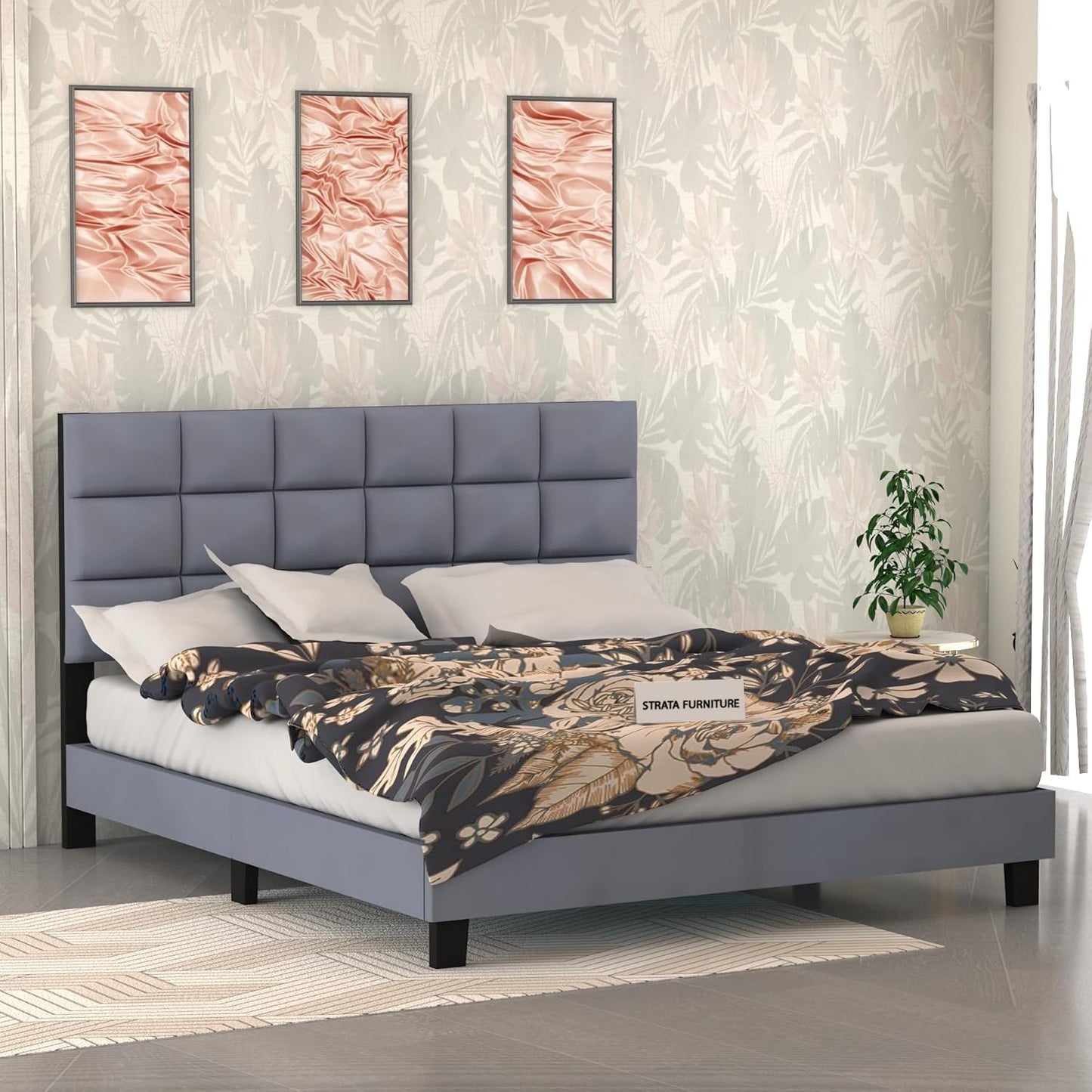 Curious Lifestyle Sheesham Wood King Size Bed Cot Bed Furniture Upholstered Double Bed for Bedroom Living Room Home (Grey Finish) Visit the STRATA FURNITURE Store