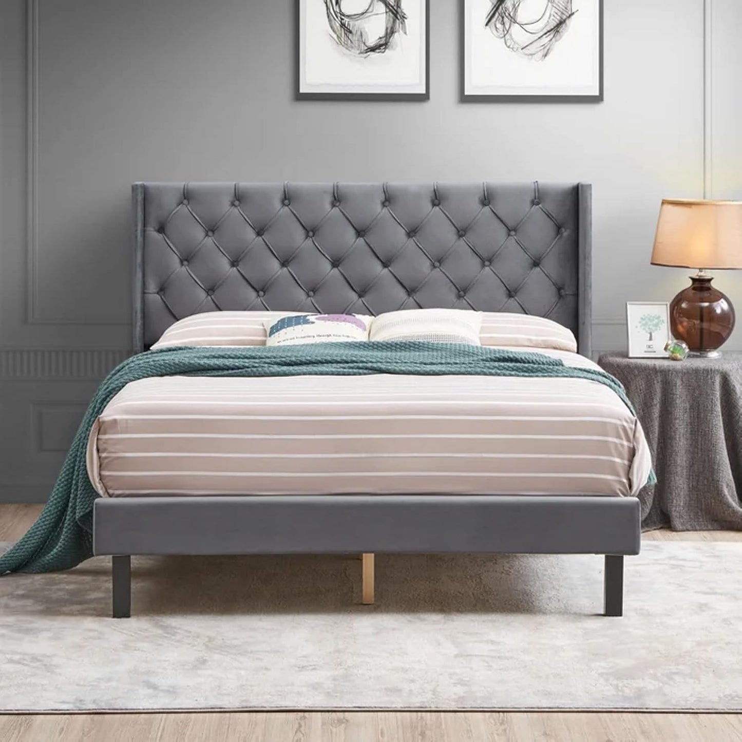 Curious Lifestyle Sheesham Wood King Size Bed Cot Bed Furniture Upholstered Double Bed for Bedroom Living Room Home (Grey Finish) Visit the STRATA FURNITURE Store