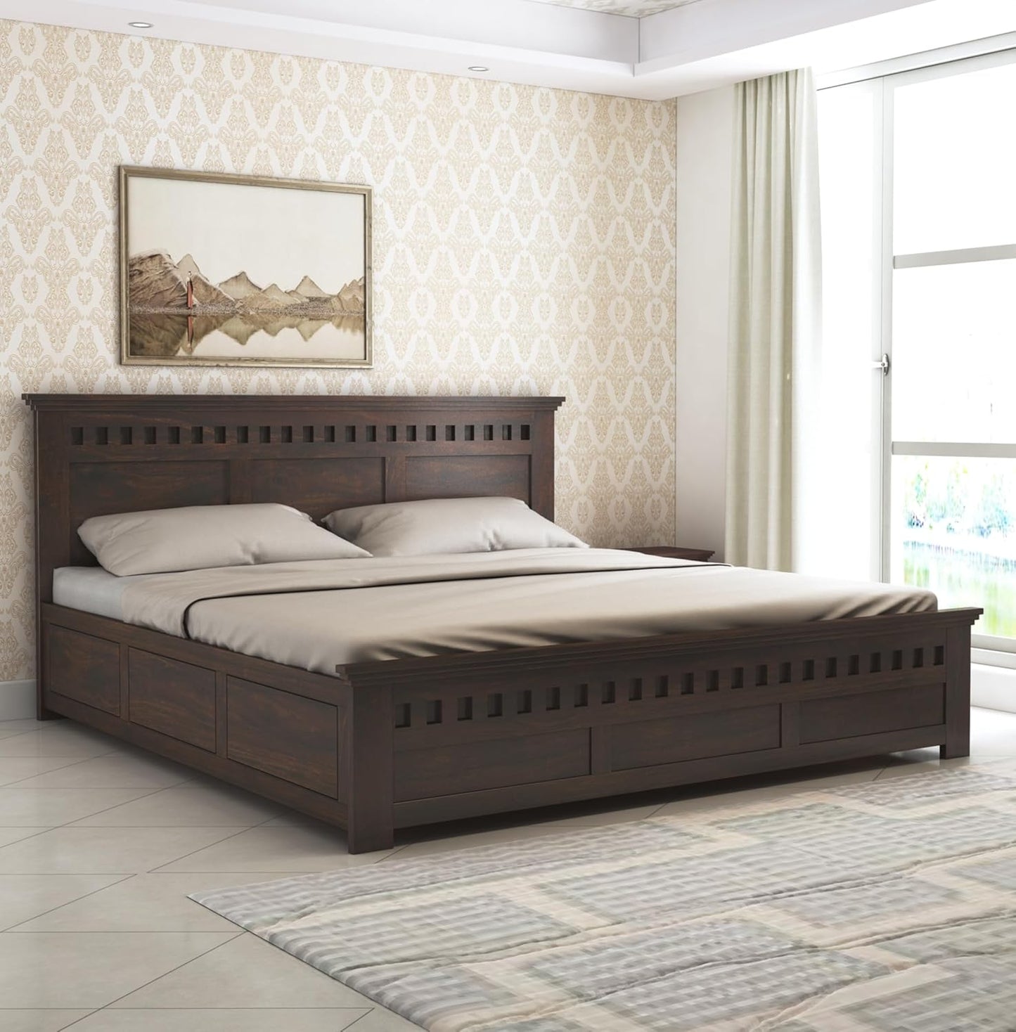 Curious Lifestyle Sheesham Wood King Size Bed with Box Storage Wooden Double Bed Cot Bed Furniture for Bedroom Living Room Home (Natural Finish)