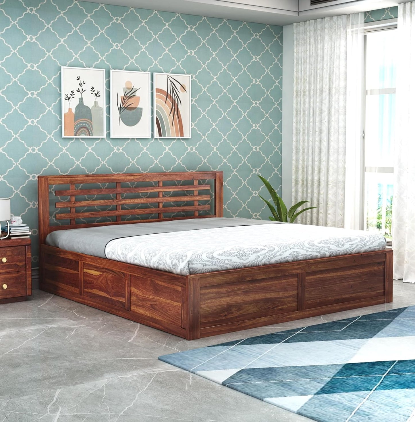 Curious Lifestyle Sheesham Wood King Size Bed with Box Storage and Headboard for Bedroom Living Room Home Wooden Double Bed Cot Palang Furniture (Honey Finish)