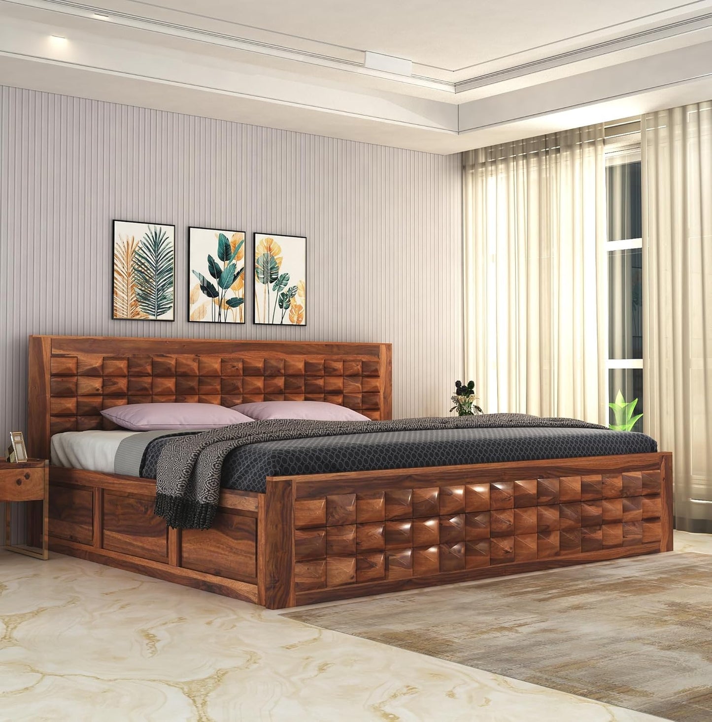 Curious Lifestyle CRAFTS Sheesham Wood Queen Size Bed Without Storage Solid Wooden Cot Bed Double Bed Furniture for Bedroom Living Room Home - Bars Bie Bed (Teak Finish)