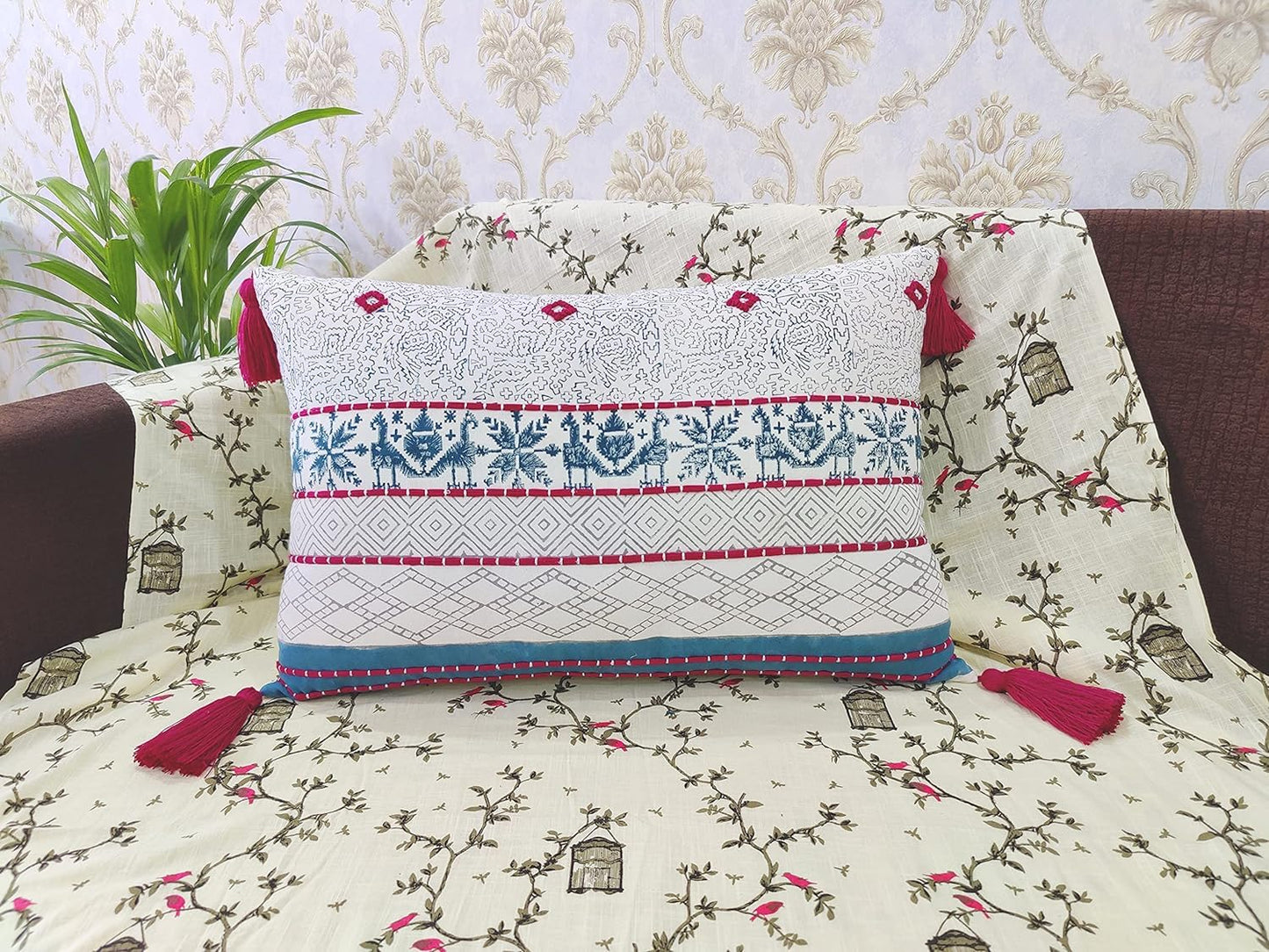 Pure Cotton Rectangular Shape Handblock 12 inch x 20 inch Boho Shaggy Pillow