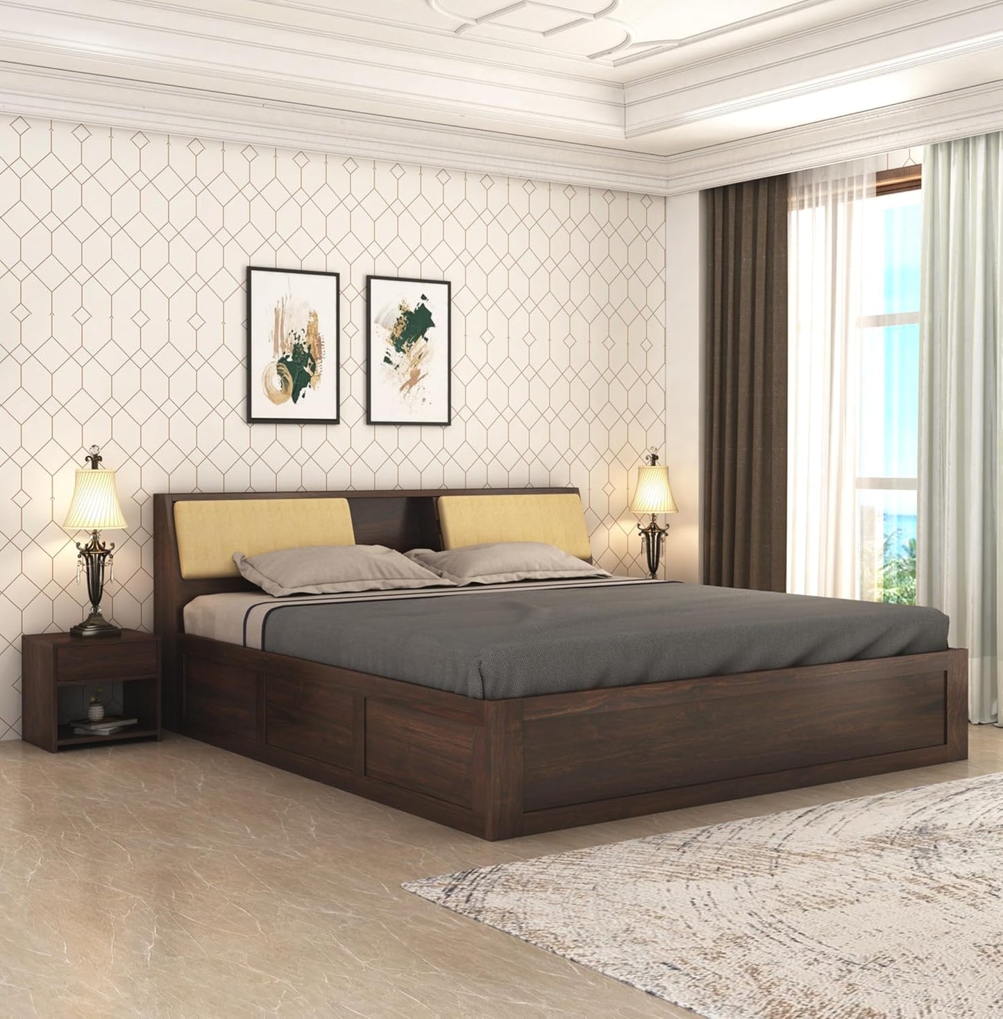 Curious Lifestyle CRAFTS Sheesham Wood Queen Size Bed Without Storage Solid Wooden Cot Bed Double Bed Furniture for Bedroom Living Room Home - Bars Bie Bed (Teak Finish)
