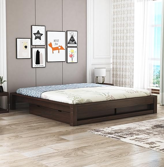 Curious Lifestyle Solid Sheesham Wood Low Height Platform Queen Size Bed with Storage for Bedroom Wooden Double Bed (Walnut Finish)