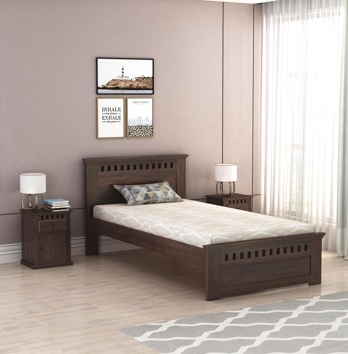Curious Lifestyle CRAFTS Sheesham Wood Queen Size Bed Without Storage Solid Wooden Cot Bed Double Bed Furniture for Bedroom Living Room Home - Bars Bie Bed (Teak Finish)