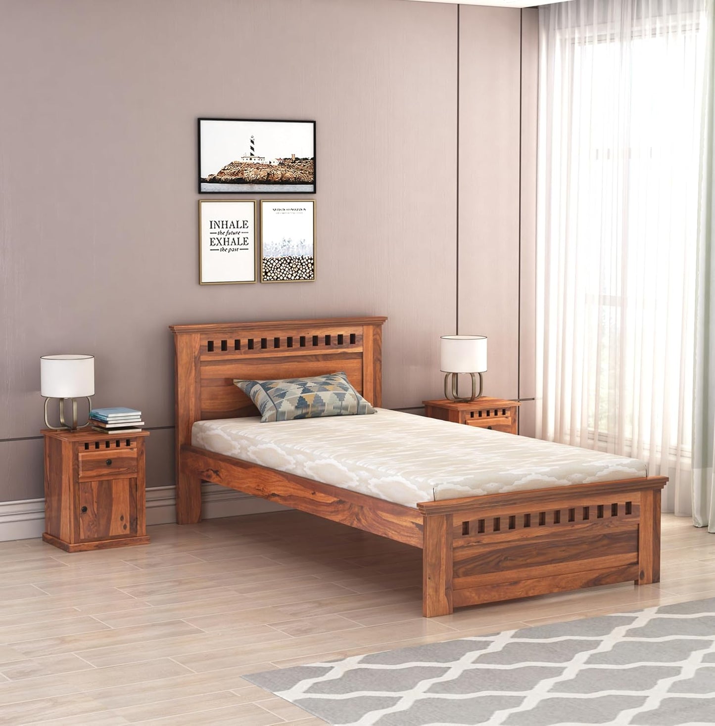Curious Lifestyle CRAFTS Sheesham Wood Queen Size Bed Without Storage Solid Wooden Cot Bed Double Bed Furniture for Bedroom Living Room Home - Bars Bie Bed (Teak Finish)