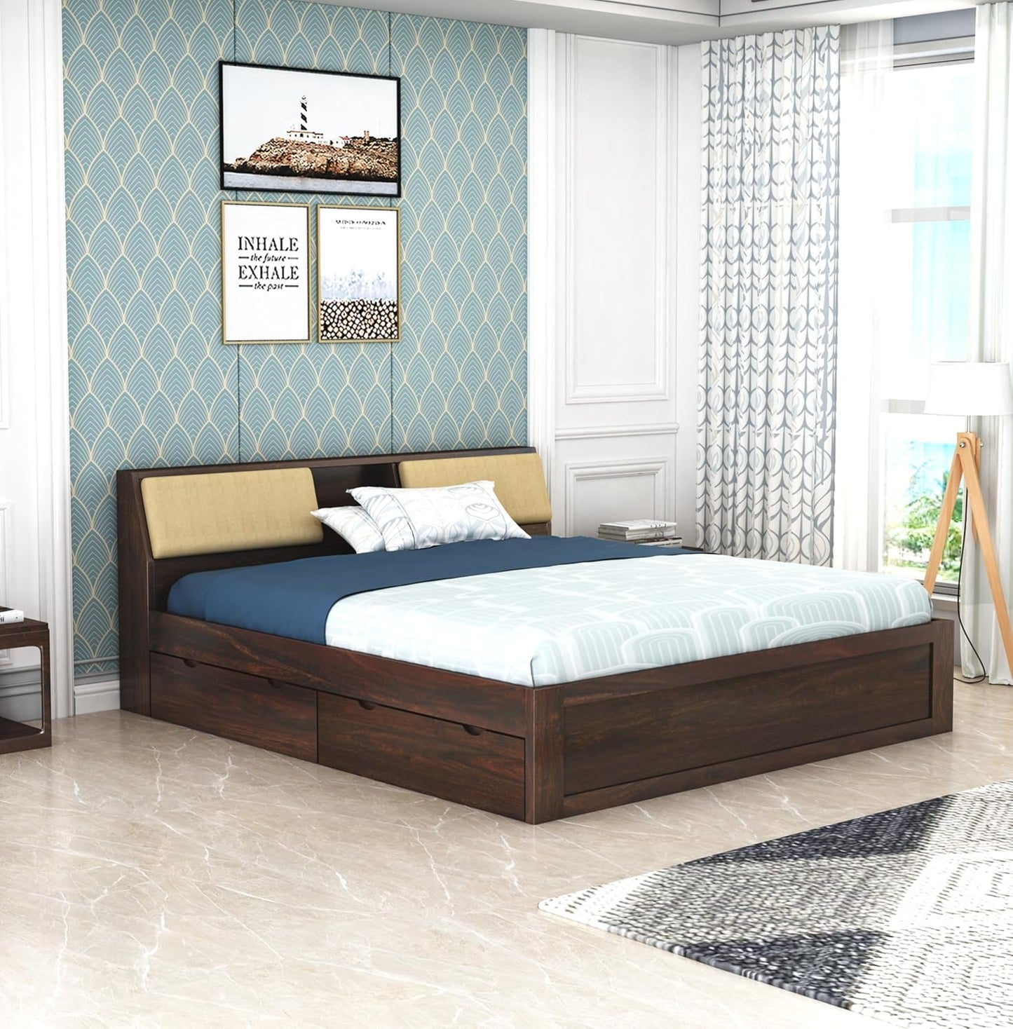 Curious Lifestyle Sheesham Wood King Size Double Bed Without Storage Wooden Palang Cot for Bedroom Living Room Furniture (Honey Finish)