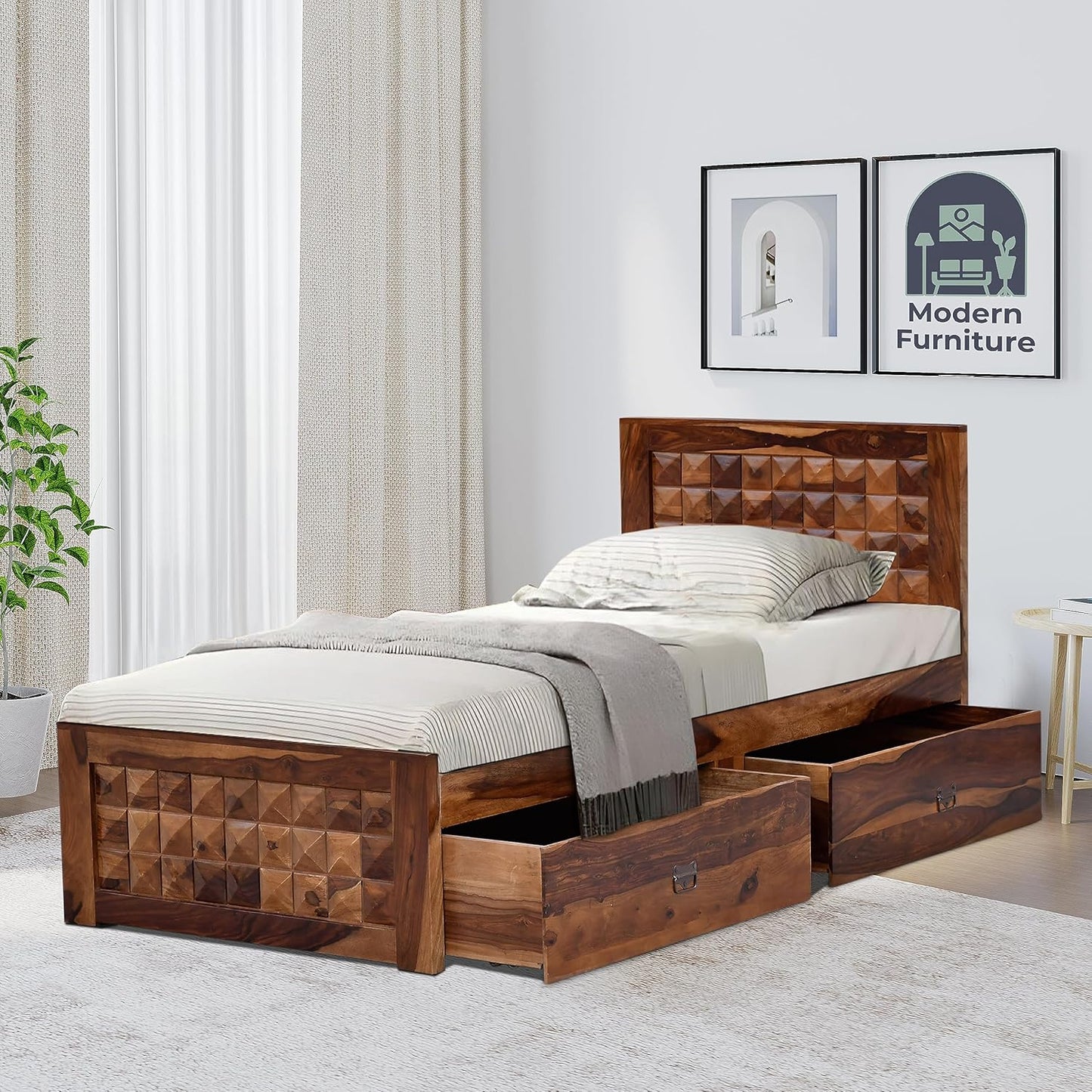 Curious Lifestyle CRAFTS Sheesham Wood Queen Size Bed Without Storage Solid Wooden Cot Bed Double Bed Furniture for Bedroom Living Room Home - Bars Bie Bed (Teak Finish)