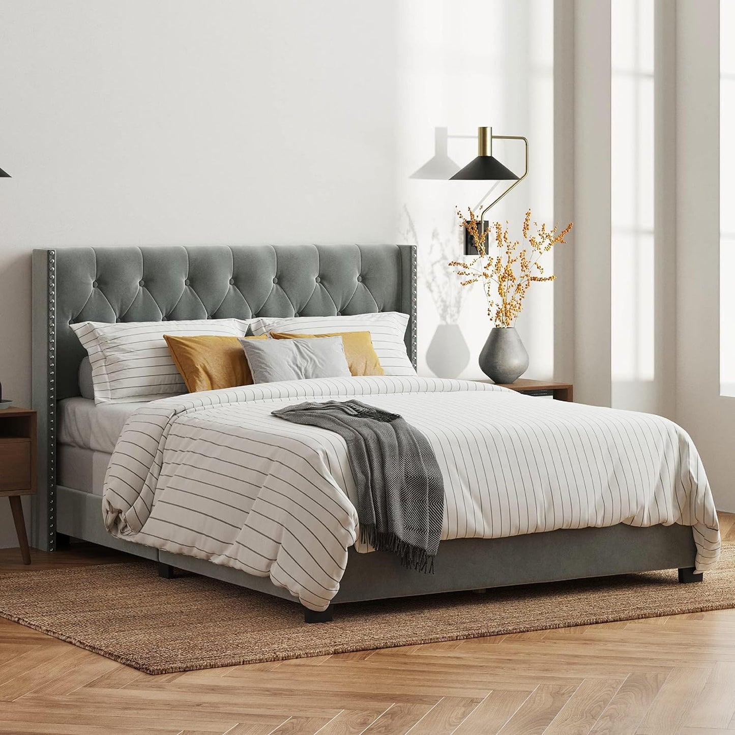 Curious Lifestyle Sheesham Wood King Size Bed Cot Bed Furniture Upholstered Double Bed for Bedroom Living Room Home (Grey Finish) Visit the STRATA FURNITURE Store