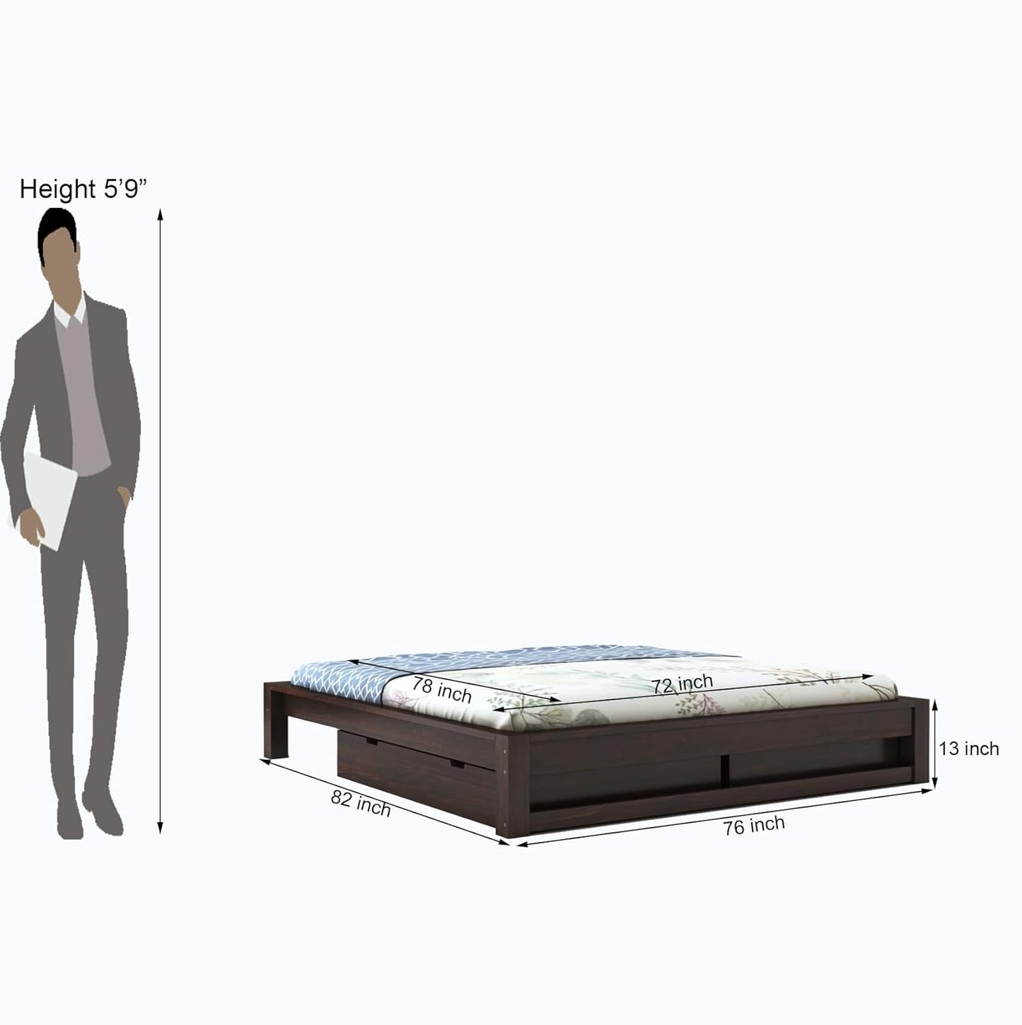 Curious Lifestyle Sheesham Wood Storage Bed – Queen Size with Low Profile Modern Look