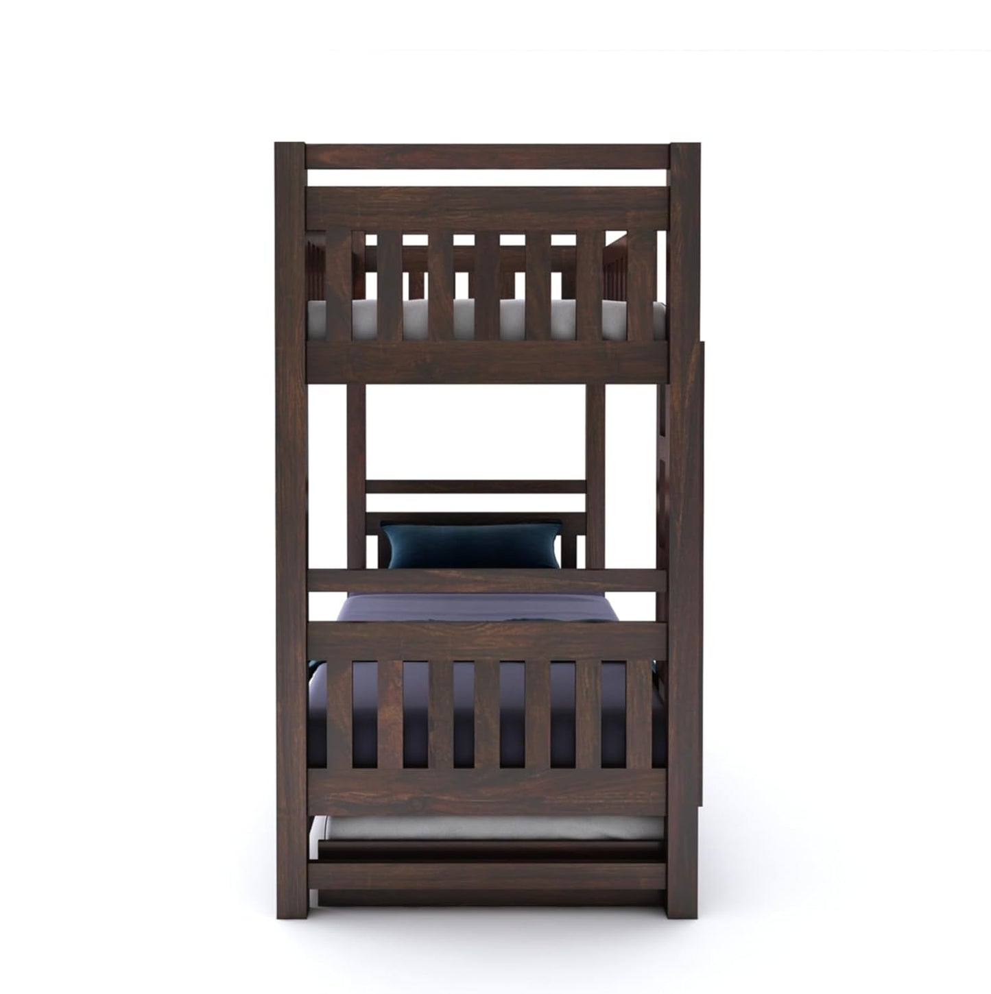 Curious Lifestyle wooden bunk bed with pull-out trundle and side ladder – Sheesham wood frame for bedroom or kids room