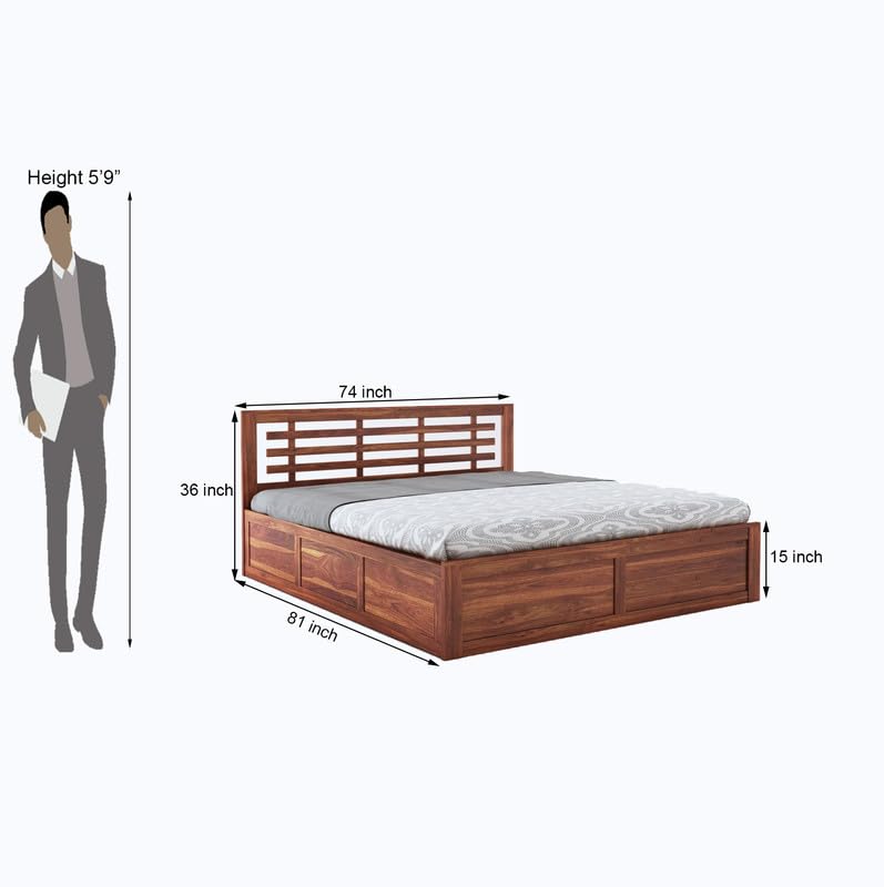 Honey Finish Wooden King Bed with Headboard and Storage for Bedroom