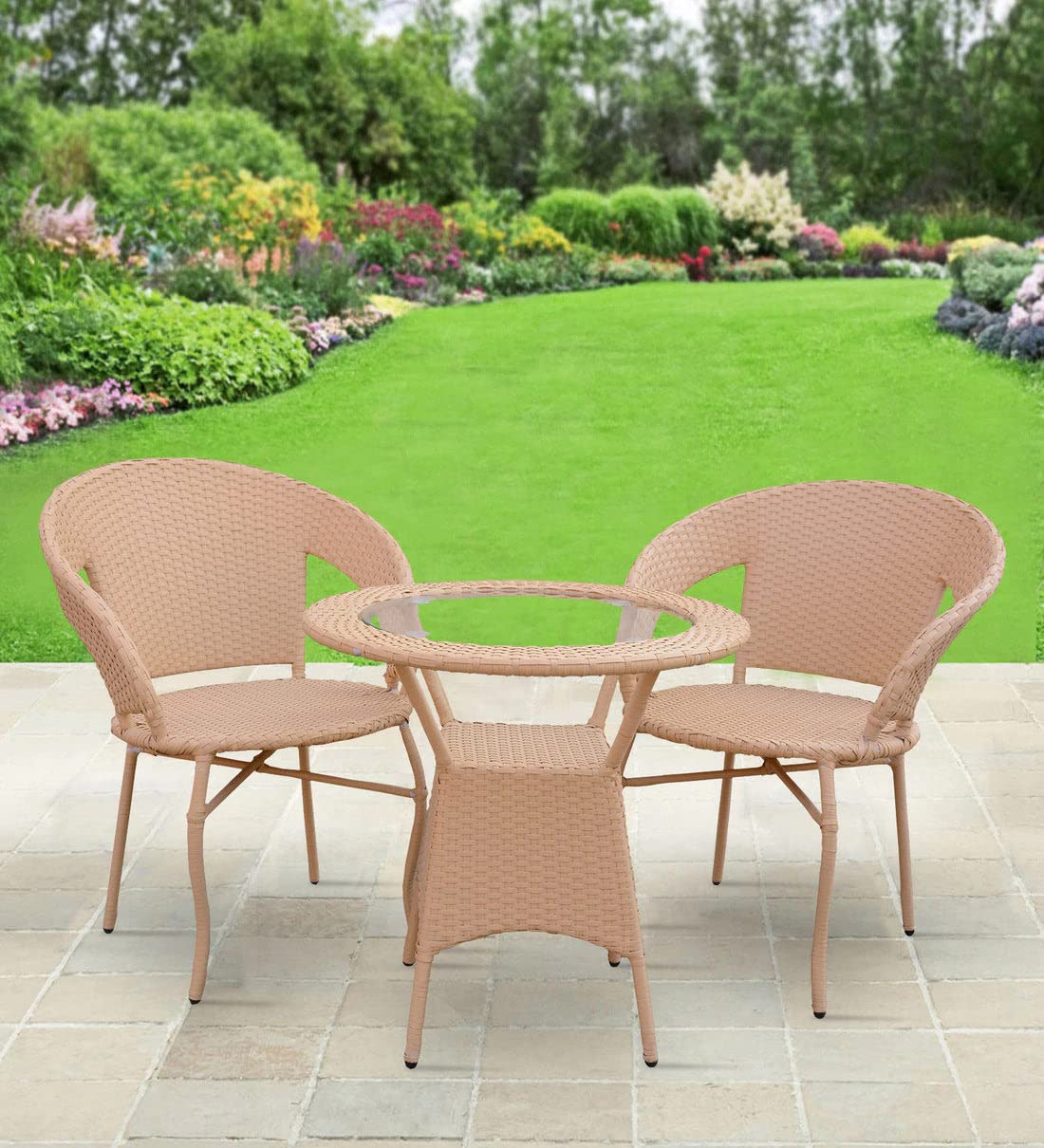Outdoor rattan wicker balcony furniture set with 2 chairs and glass top table in garden
