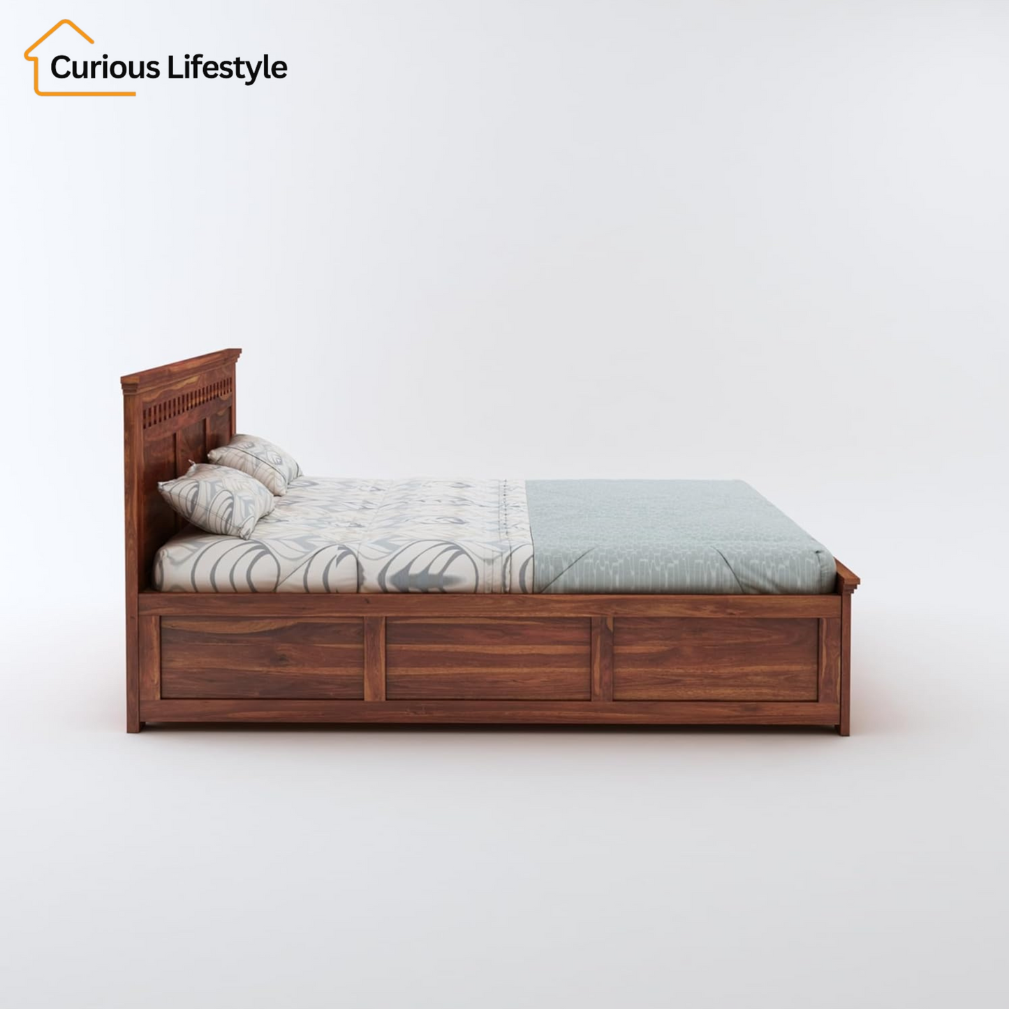 Premium solid wood king bed in natural finish with storage space for home use