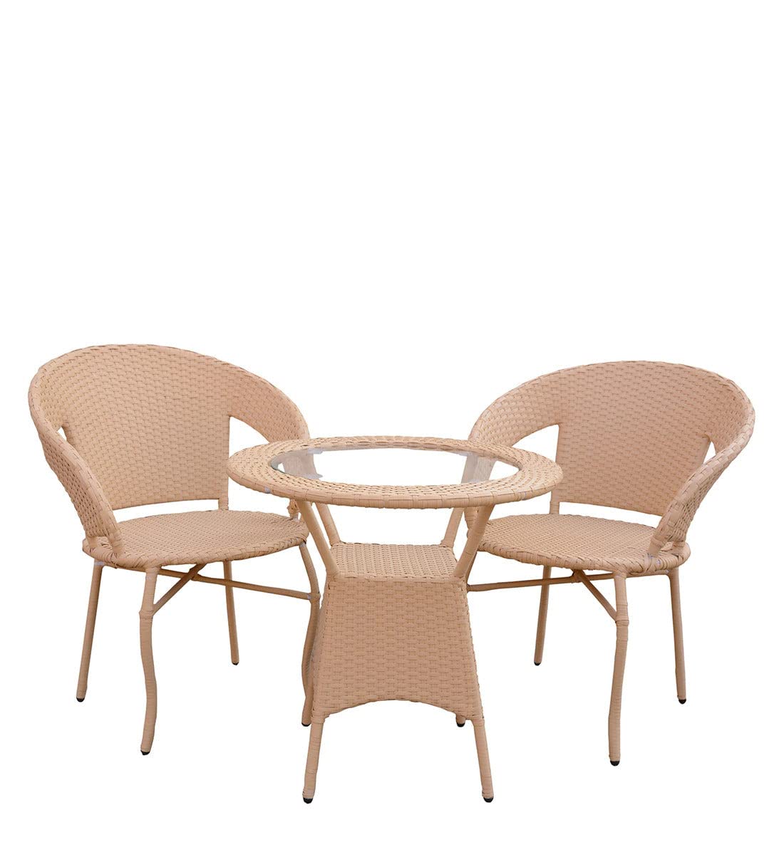 Rattan wicker outdoor furniture set with 2 chairs and 1 round glass table for balcony or patio