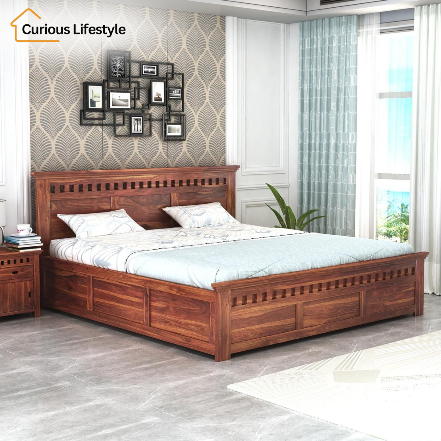 Sheesham wood king size bed with box storage in natural finish for modern bedrooms