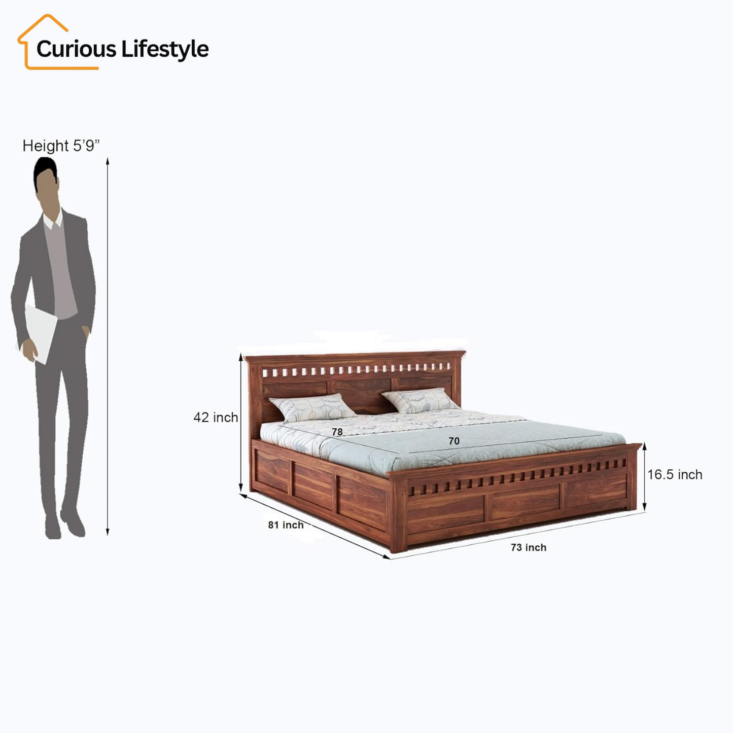 Solid wooden king size double bed with storage by Curious Lifestyle