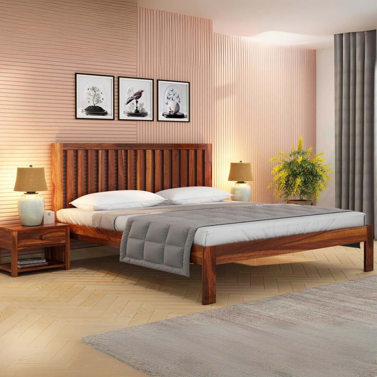 Curious Lifestyle CRAFTS Sheesham Wood Queen Size Bed Without Storage Solid Wooden Cot Bed Double Bed Furniture for Bedroom Living Room Home - Bars Bie Bed (Teak Finish)