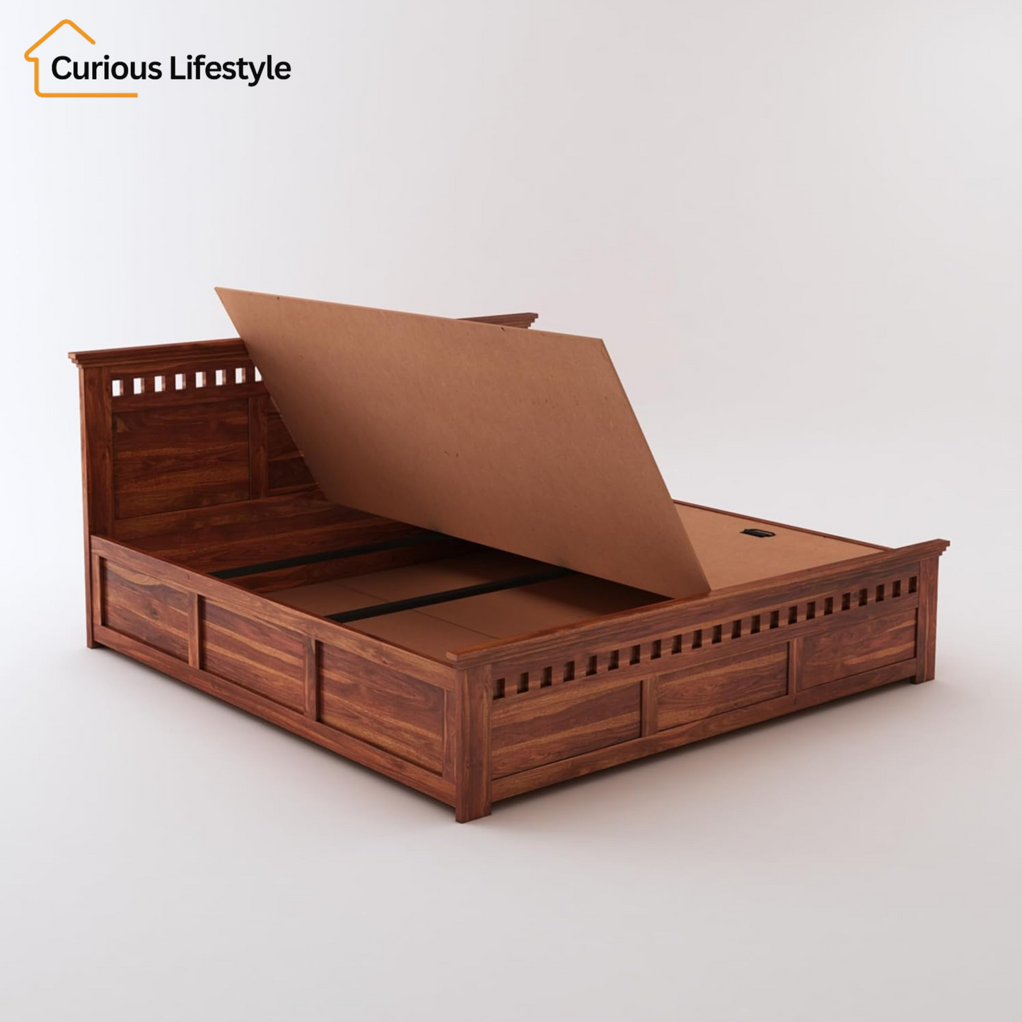 Wooden double bed with box storage and elegant natural polish finish