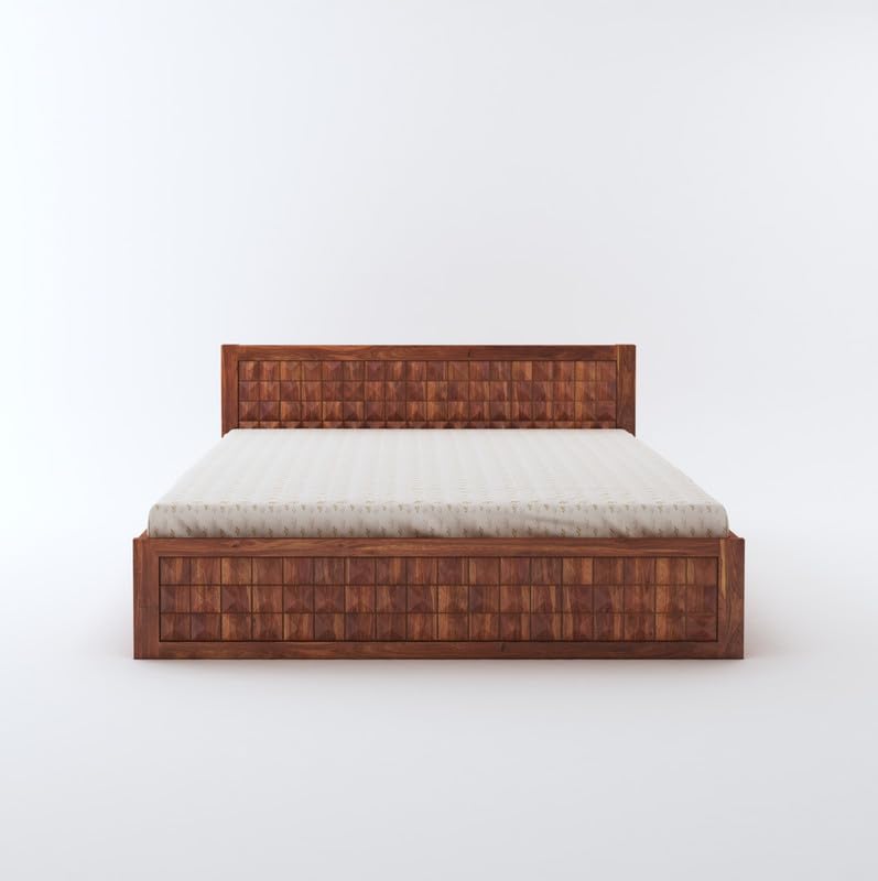 Curious Lifestyle Sheesham Wood Diamond Queen Size Bed with Box Storage and Headboard for Bedroom Living Room Home Wooden Double Bed Cot Palang Furniture (Walnut Finish)