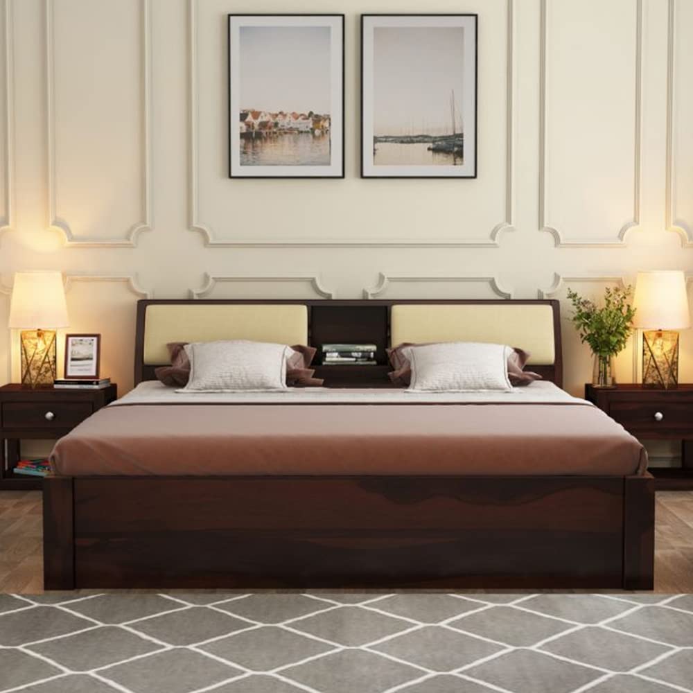 Curious Lifestyle Sheesham Wood King Size Bed with Hydraulic and Headboard Storage for Living Room Home Bedroom Wooden Double Bed Cot Palang Furniture (Walnut Finish)