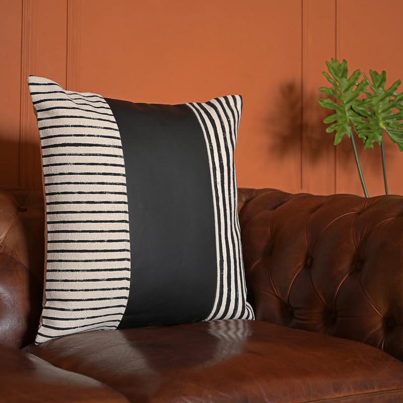 Dhurrie Fabric+Faux Leather Square Shape Decorative Cushion Covers 16 inch x 16 inch for Sofa and Living Room Bedroom