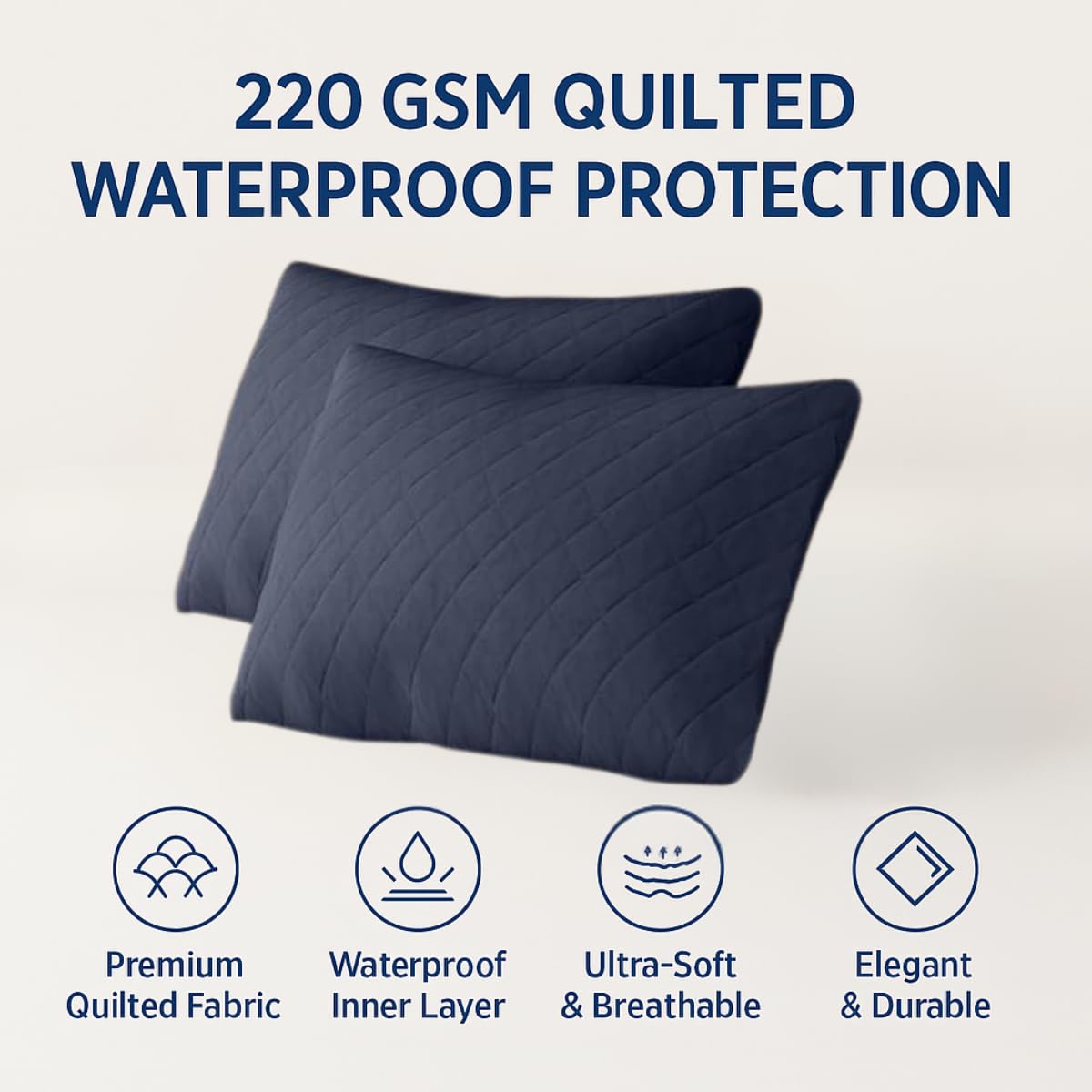 Quilted Cotton Waterproof Pillow Covers with Zipper | Sweat Absorbent, Dust & Spill Proof Pillow Protector Set of 2 (16x24 inch)