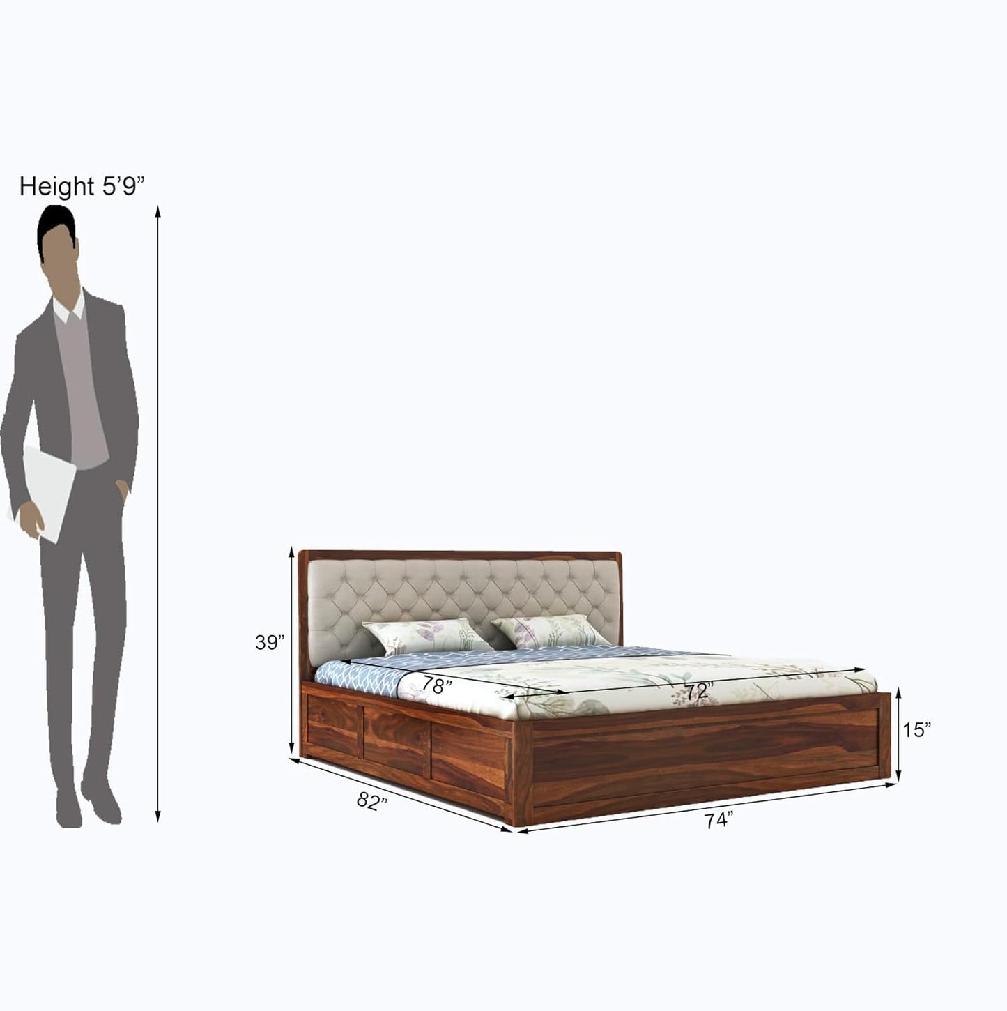 Curious Lifestyle Solid Sheesham Wood Queen Size Bed with Storage for Bedroom Living Room Solid Wooden Furniture Double Bed for Home Hotels (Walnut Finish)