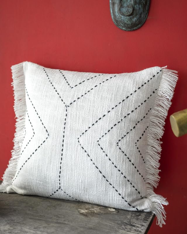Dhurrie Fabric+Faux Leather Square Shape Decorative Cushion Covers 16 inch x 16 inch for Sofa and Living Room Bedroom