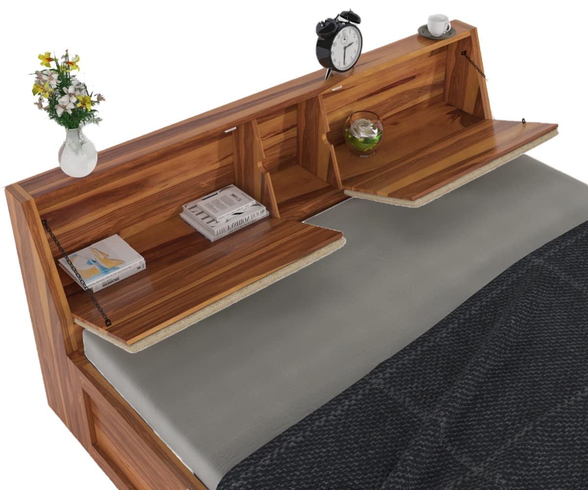 Curious Lifestyle Sheesham Wood Queen Size Bed with Box Storage & Headboard Storage | Solid Wood Double Bed Palang for Bedroom (Walnut Finish)