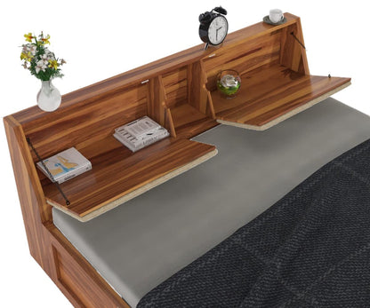 Curious Lifestyle Sheesham Wood Queen Size Bed with Box Storage & Headboard Storage | Solid Wood Double Bed Palang for Bedroom (Walnut Finish)