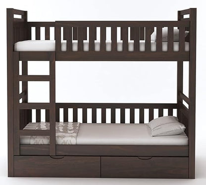 Curious Lifestyle Solid Sheesham Wood Bunk Bed With Trundle Wooden Bunk Bed With Ladder For Bedroom Living Room Home (Walnut Finish, 1.68 M, 2.08 M, 0.99 M)