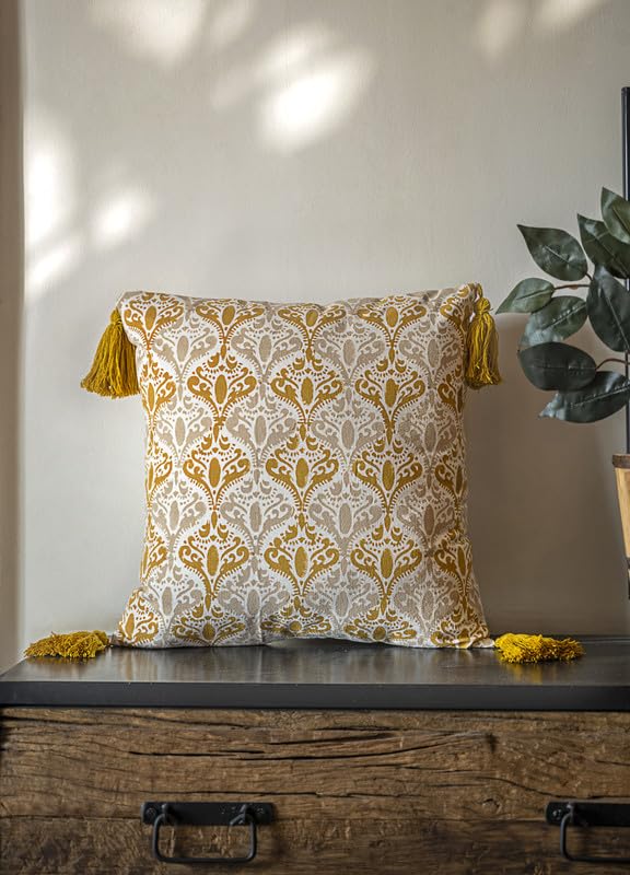 Dhurrie Fabric+Faux Leather Square Shape Decorative Cushion Covers 16 inch x 16 inch for Sofa and Living Room Bedroom