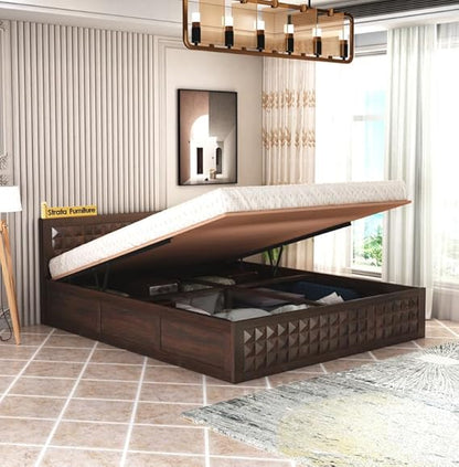 Curious Lifestyle Sheesham Wood Diamond Queen Size Bed with Box Storage and Headboard for Bedroom Living Room Home Wooden Double Bed Cot Palang Furniture (Walnut Finish)