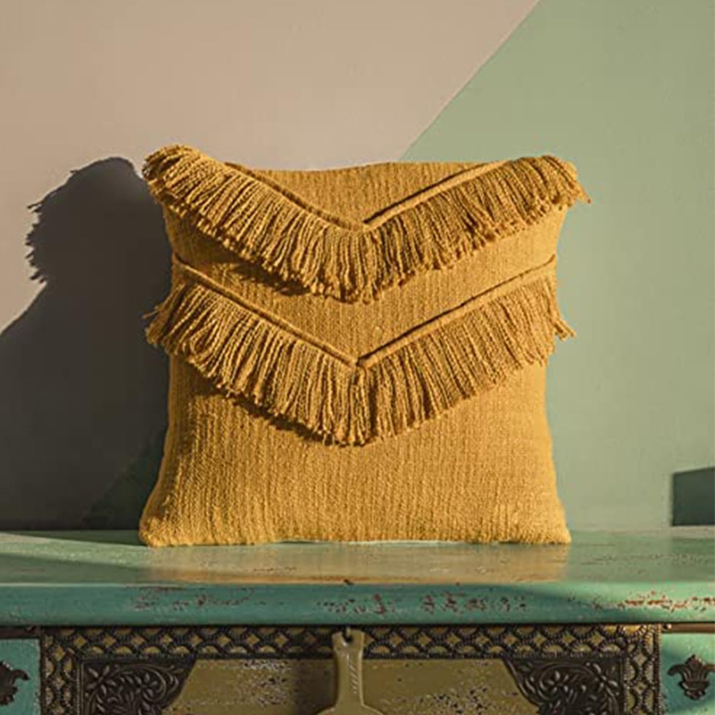 Dhurrie Fabric+Faux Leather Square Shape Decorative Cushion Covers 16 inch x 16 inch for Sofa and Living Room Bedroom