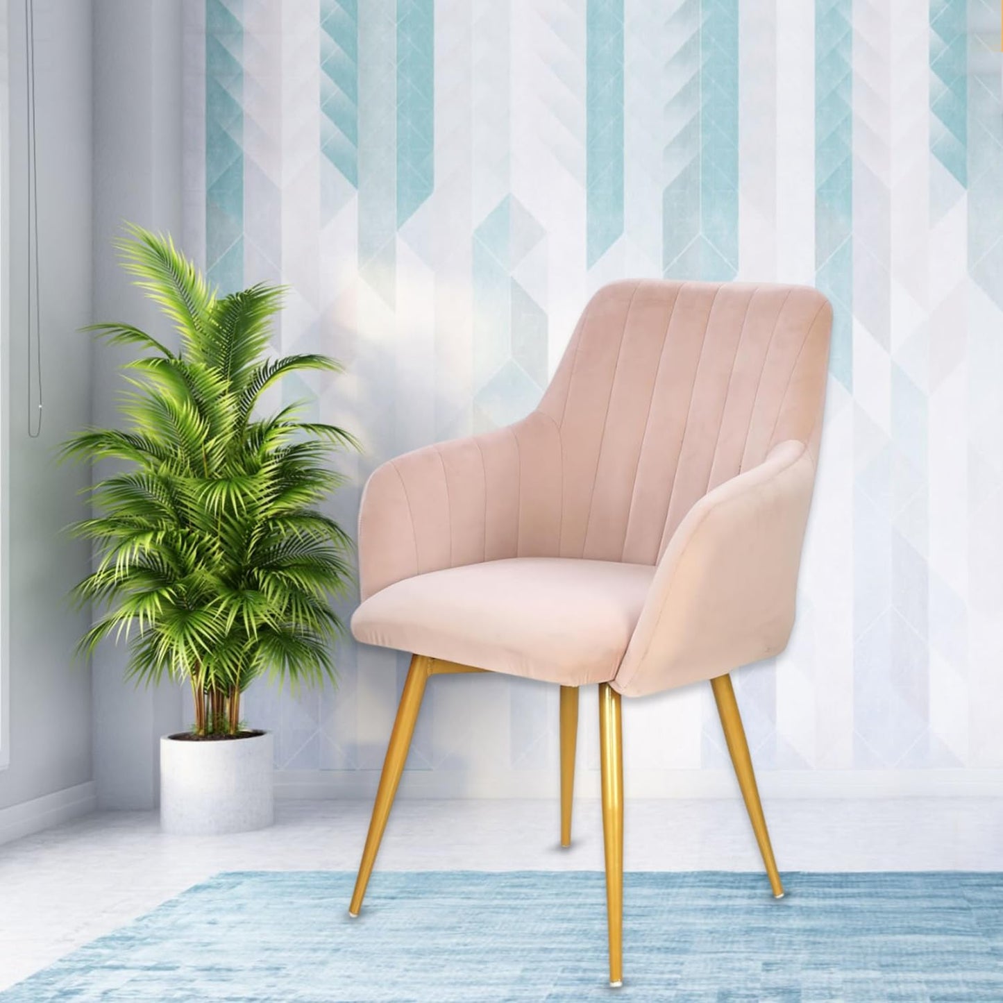 Curious Lifestyle Velvet Cafe Chair | Dining Chair for Cafe & Restaurant Chair | Upholstered Accent Chair with Arm Rest for Living Room/Dinning Room | Velvet Chair with Metal Leg (Peach, 19x24x39 in)