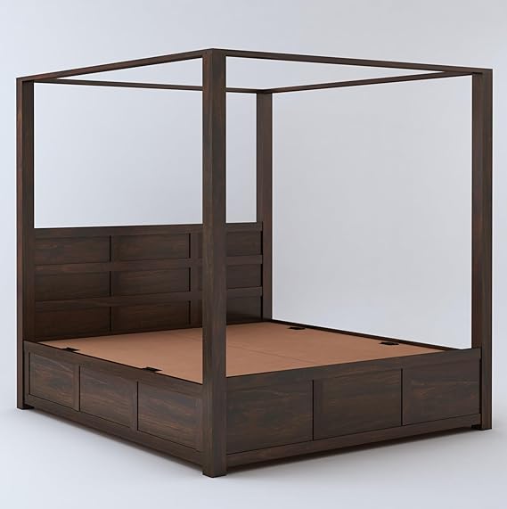 Curious Lifestyle  Solid Sheesham Wood King Size Poster Bed with Box Storage Wooden Upholstered Double Bed for Bedroom Living Room Home (Honey Finish)