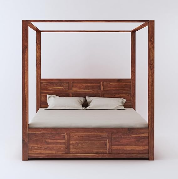 Curious Lifestyle  Solid Sheesham Wood King Size Poster Bed with Box Storage Wooden Upholstered Double Bed for Bedroom Living Room Home (Honey Finish)