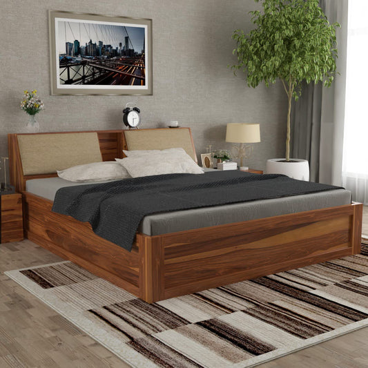 Curious Lifestyle Sheesham Wood Queen Size Bed with Box and Headboard Storage for Bedroom Home (Walnut Finish)