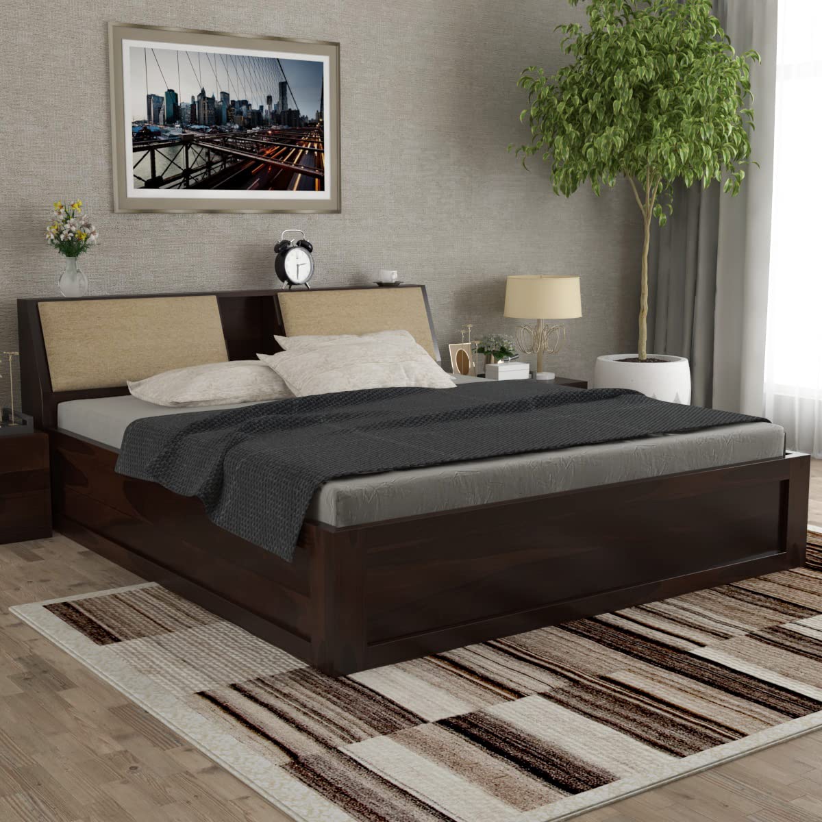 Curious Lifestyle Sheesham Wood Queen Size Bed with Box Storage & Headboard Storage | Solid Wood Double Bed Palang for Bedroom (Walnut Finish)