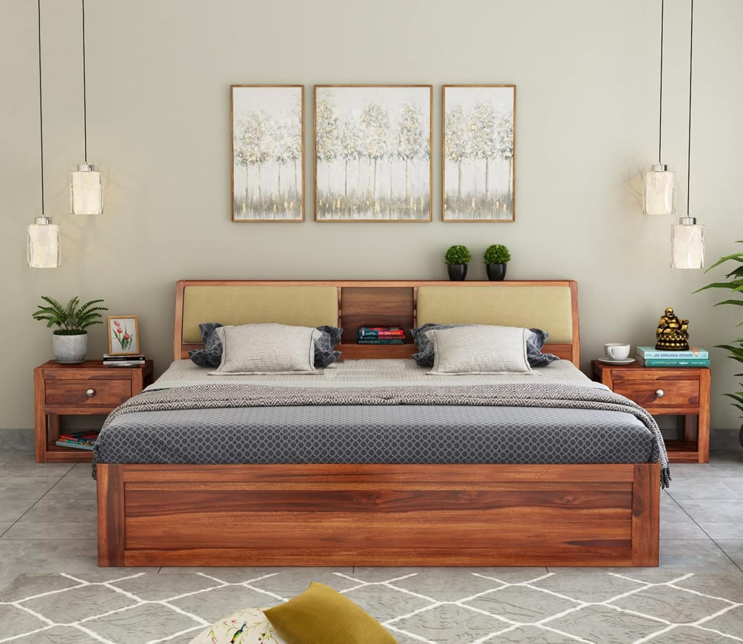 Curious Lifestyle Sheesham Wood King Size Bed with Box Storage Wooden Double Bed Cot Bed Furniture for Bedroom Living Room Home - (Walnut Finish)