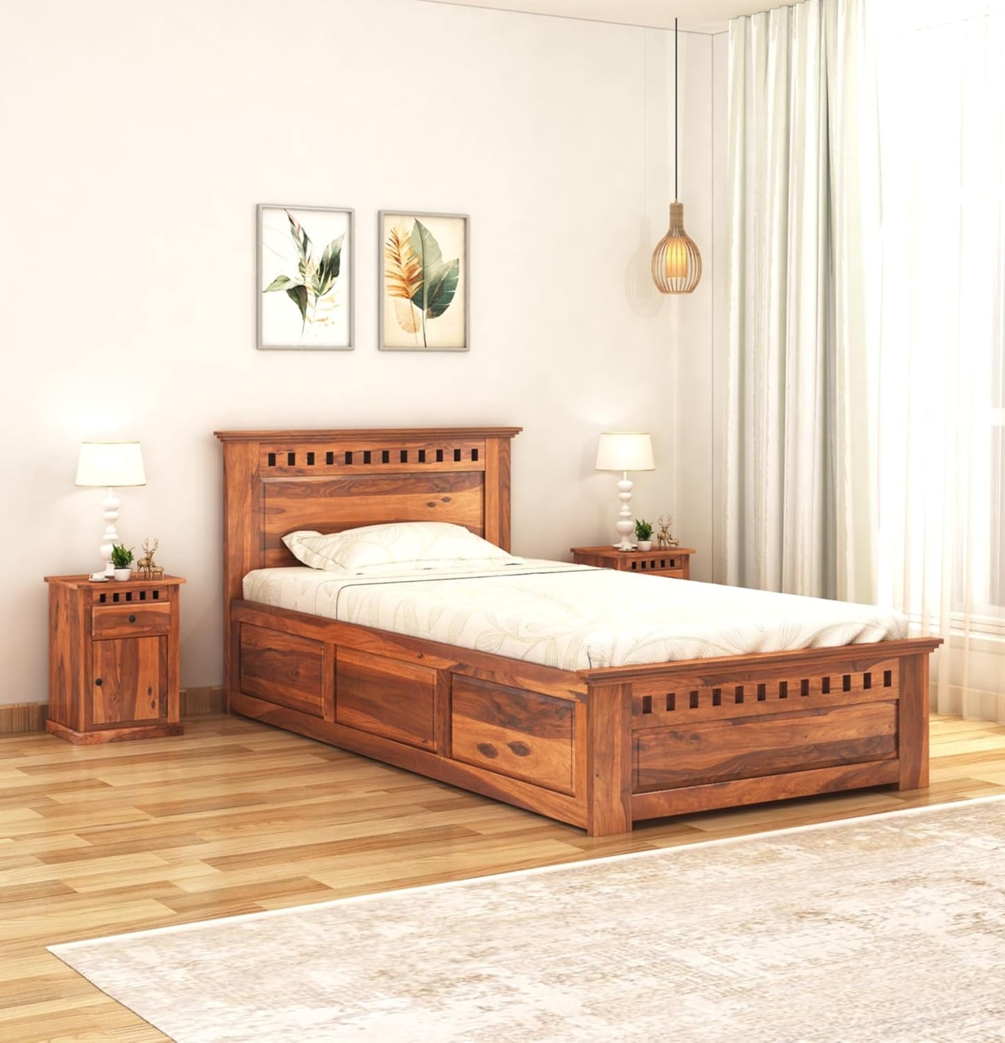 Curious Lifestyle CRAFTS Sheesham Wood Queen Size Bed Without Storage Solid Wooden Cot Bed Double Bed Furniture for Bedroom Living Room Home - Bars Bie Bed (Teak Finish)
