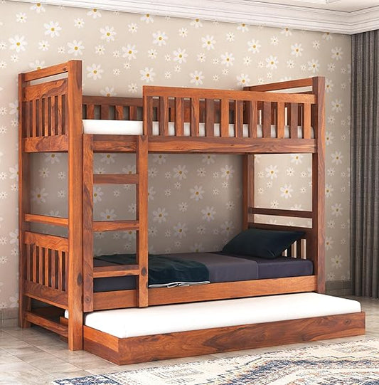 Curious Lifestyle Sheesham Wood Bunk Bed Without Storage Wooden Double Bed Furniture for Bedroom Home (Walnut Finish)