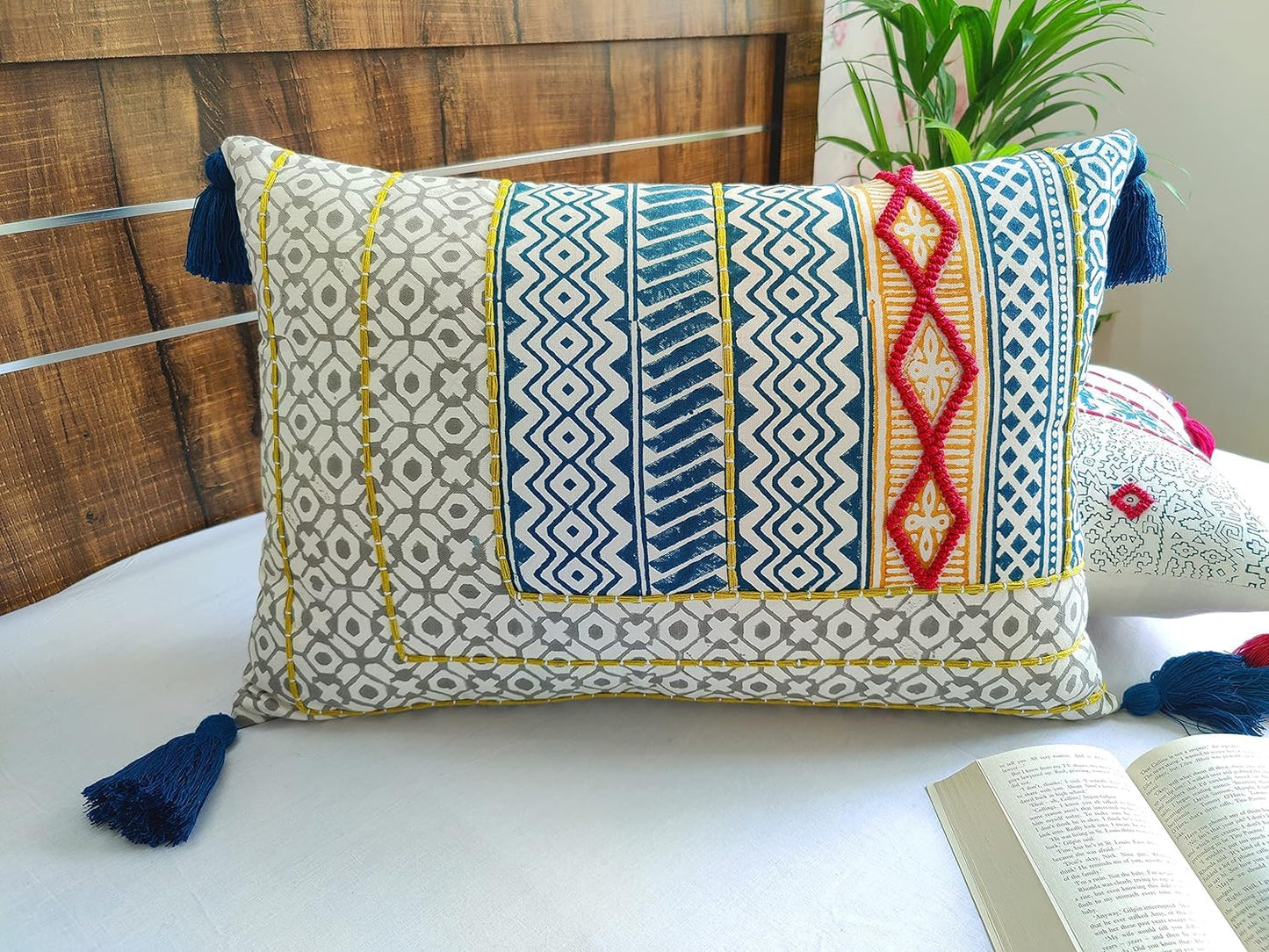 Pure Cotton Rectangular Shape Handblock 12 inch x 20 inch Boho Shaggy Pillow
