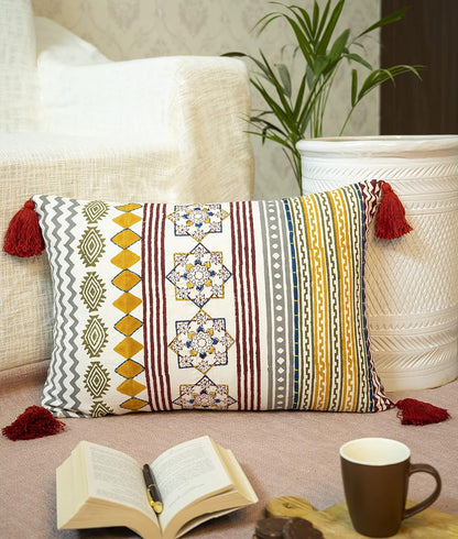 Pure Cotton Rectangular Shape Handblock 12 inch x 20 inch Boho Shaggy Pillow