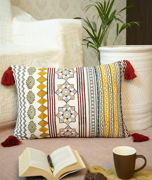 Pure Cotton Rectangular Shape Handblock 12 inch x 20 inch Boho Shaggy Pillow