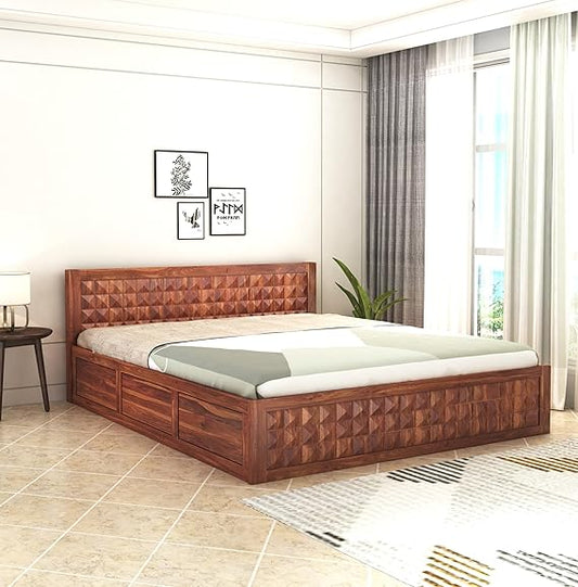 Curious Lifestyle Sheesham Wood Diamond Queen Size Bed with Box Storage and Headboard for Bedroom Living Room Home Wooden Double Bed Cot Palang Furniture (Walnut Finish)