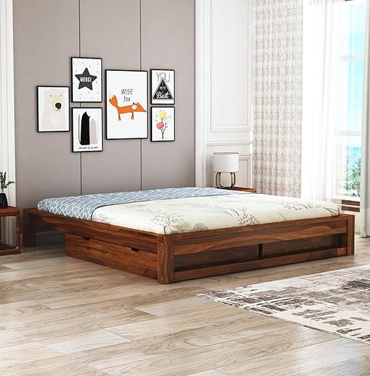 Curious Lifestyle Solid Sheesham Wood Low Height Platform Queen Size Bed with Storage for Bedroom Wooden Double Bed (Walnut Finish)
