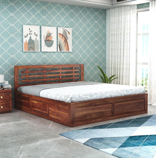 Curious Lifestyle Sheesham Wood King Size Bed with Box Storage and Headboard for Bedroom Living Room Home Wooden Double Bed Cot Palang Furniture (Honey Finish)